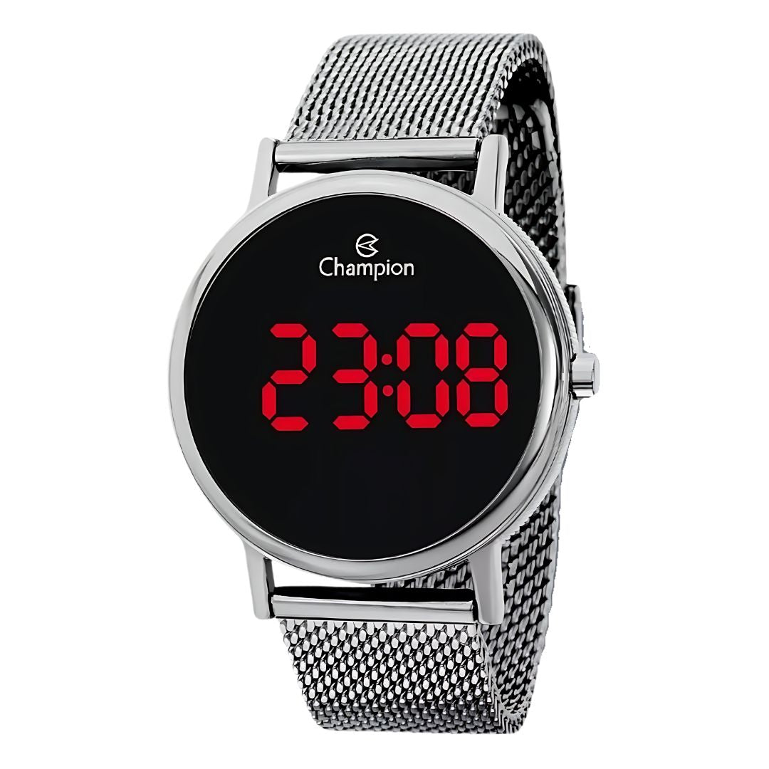 Relógio Digital LED Champion  A Prova D'água  Prata  Redondo Fundo Preto