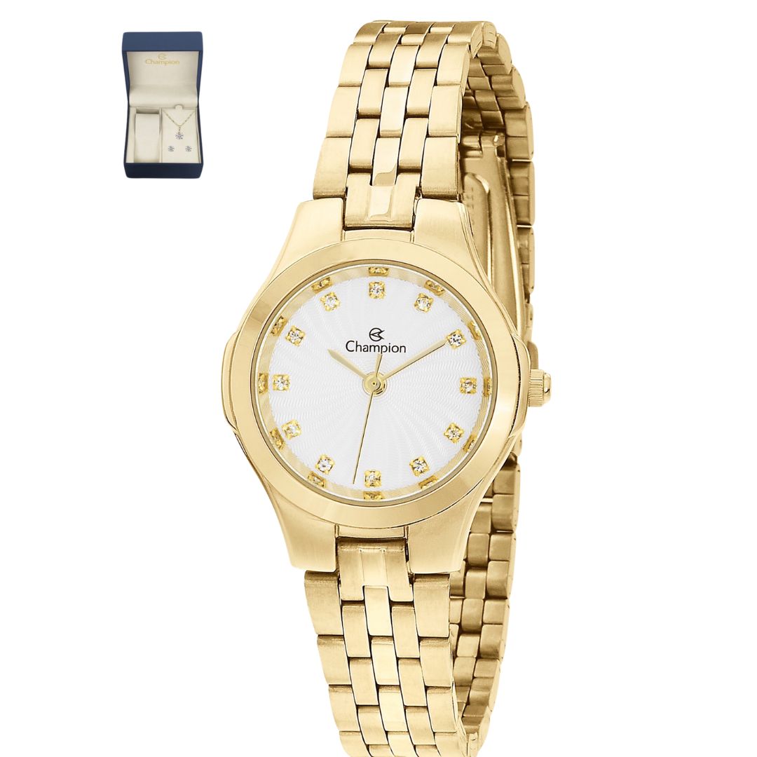 Relogio Champion Pequeno dourado CN25458W + kit semi joia