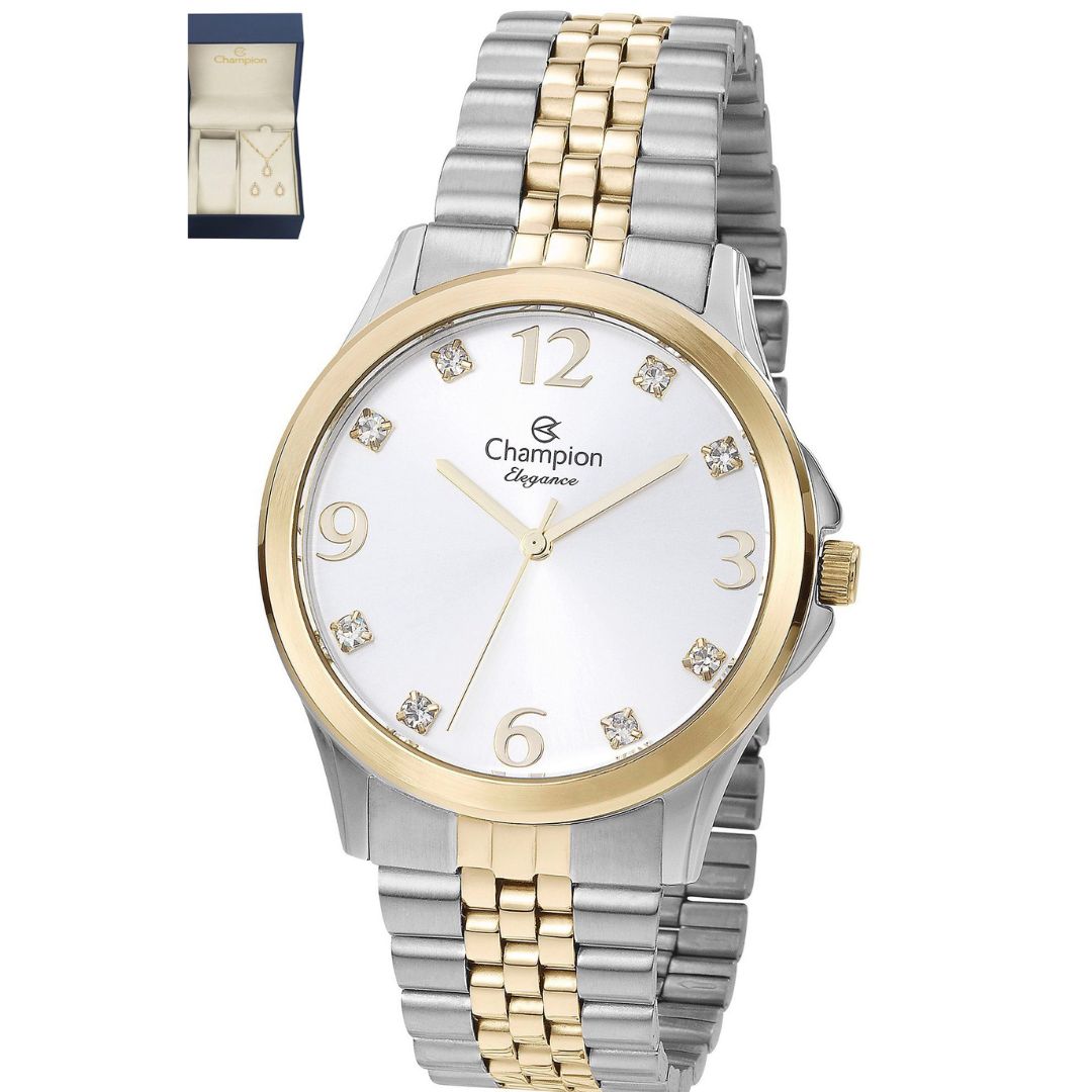 Relógio Champion Feminino Elegance Misto Kit Colar e Brincos CN24093D