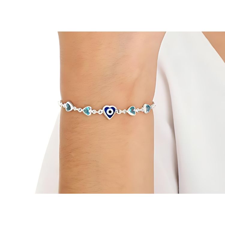 Pulseira feminina coração olho grego, zircônias azul claro e cristal 19cm Prata 925