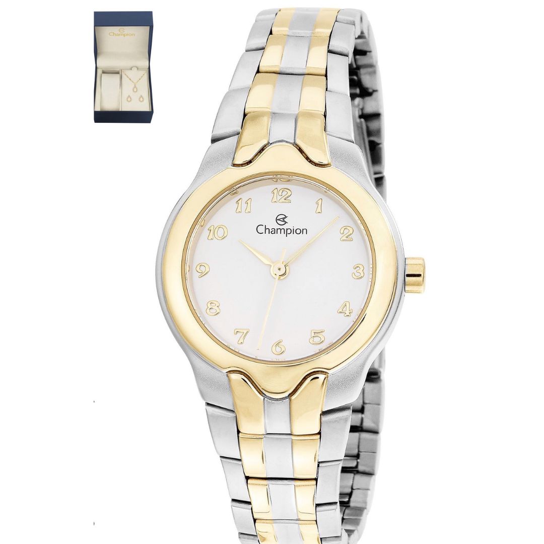 Relógio Champion Feminino QTZ Misto Fundo Branco  + Semi Joia QTZ