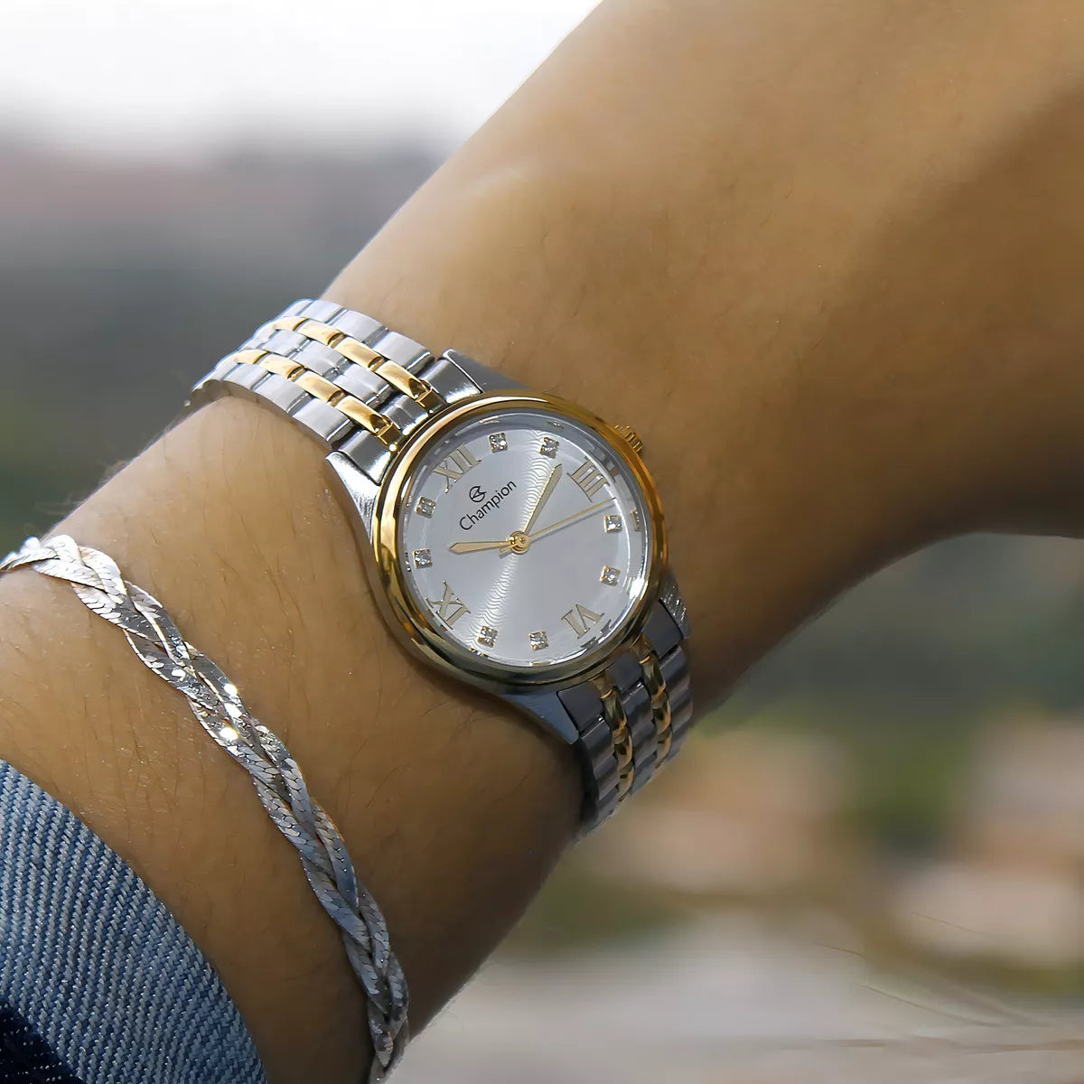 Relógio Champion Feminino Misto Fundo Branco  + Semi Joia QTZ
