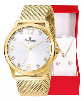 Relógio Champion Feminino Dourado + Semi Joias Qtz