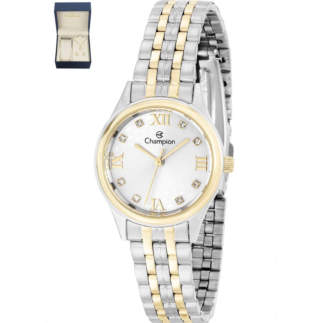Relógio Champion Feminino Misto Fundo Branco  + Semi Joia QTZ
