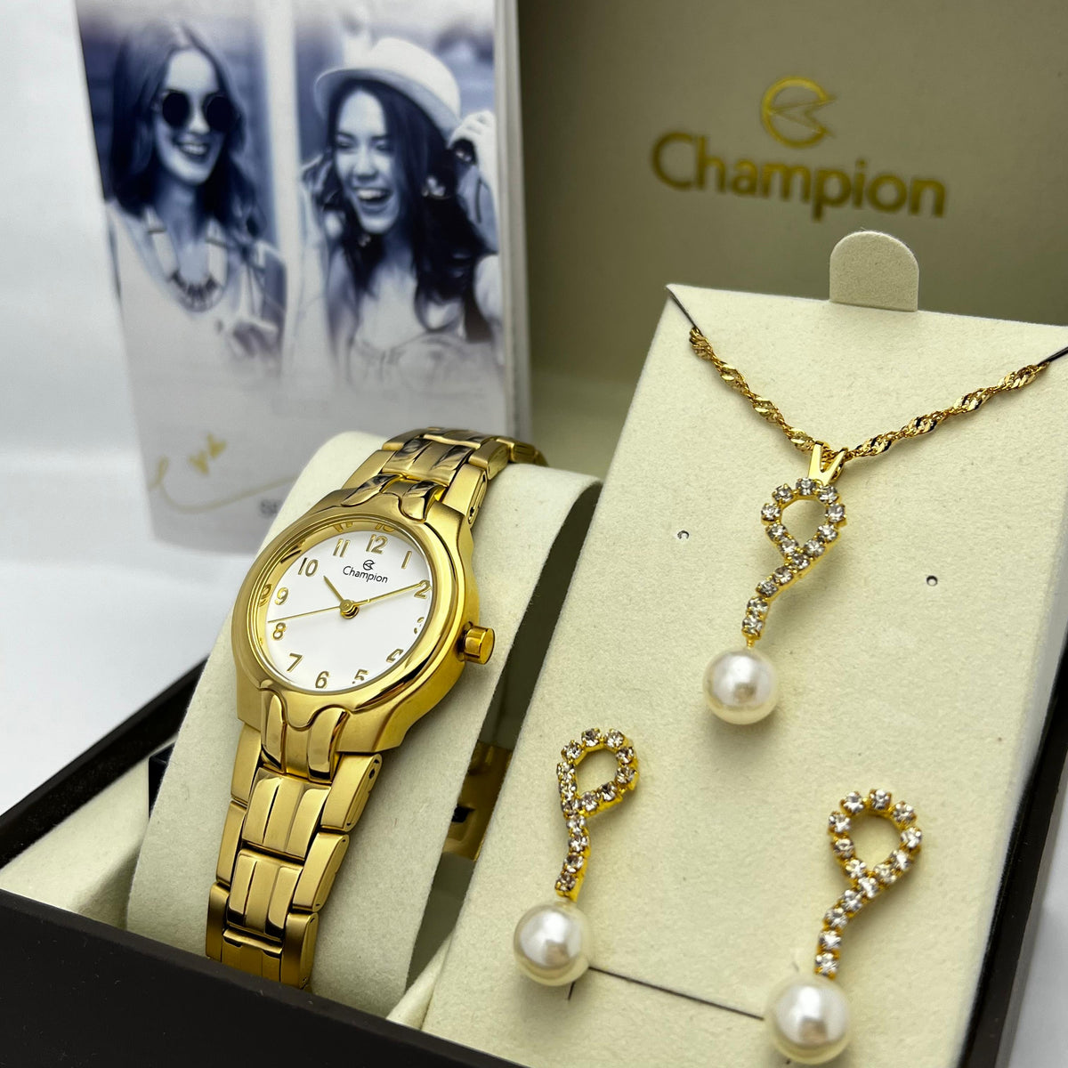 Relógio Champion Feminino Dourado  Fundo Branco  + Semi Joia QTZ