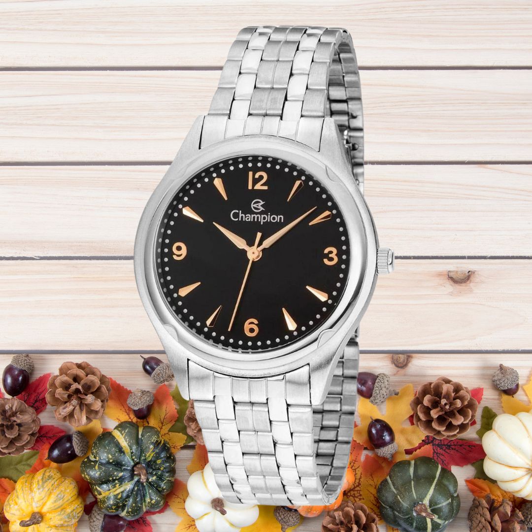 Relógio Masculino Prata Champion Fundo Preto Quartz  CN20462T