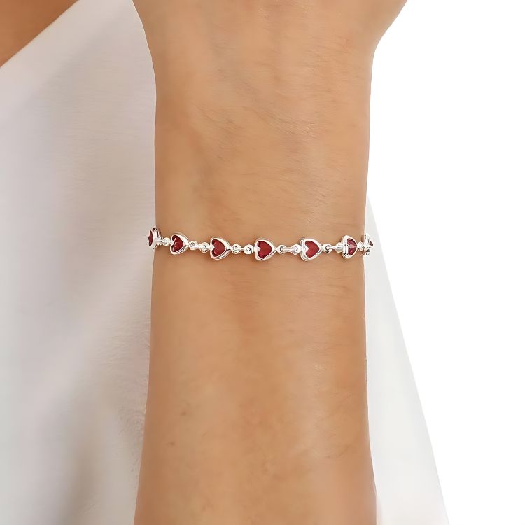 Pulseira feminina corações cereja 19cm Prata 925 zircônia cereja.