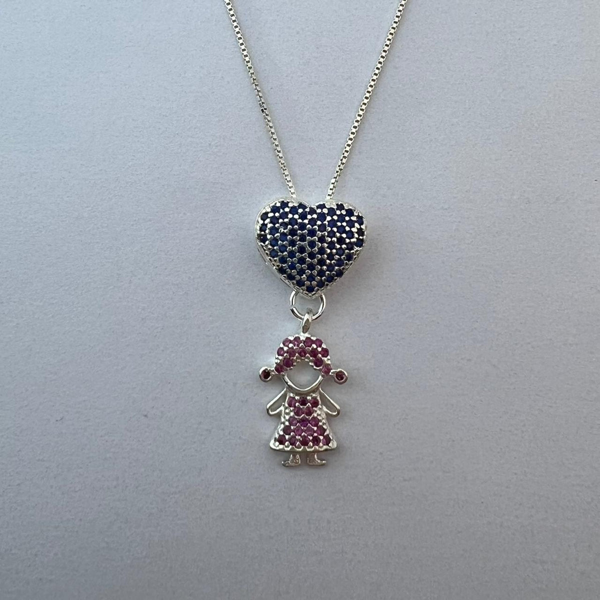 Gargantilha canga zircônia coração azul meninas Pink prata 925