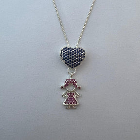 Gargantilha canga zircônia coração azul meninas Pink prata 925
