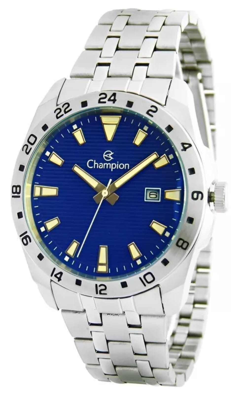 relógio masculino  calendário aço inox aro prata fundo azul Quartz