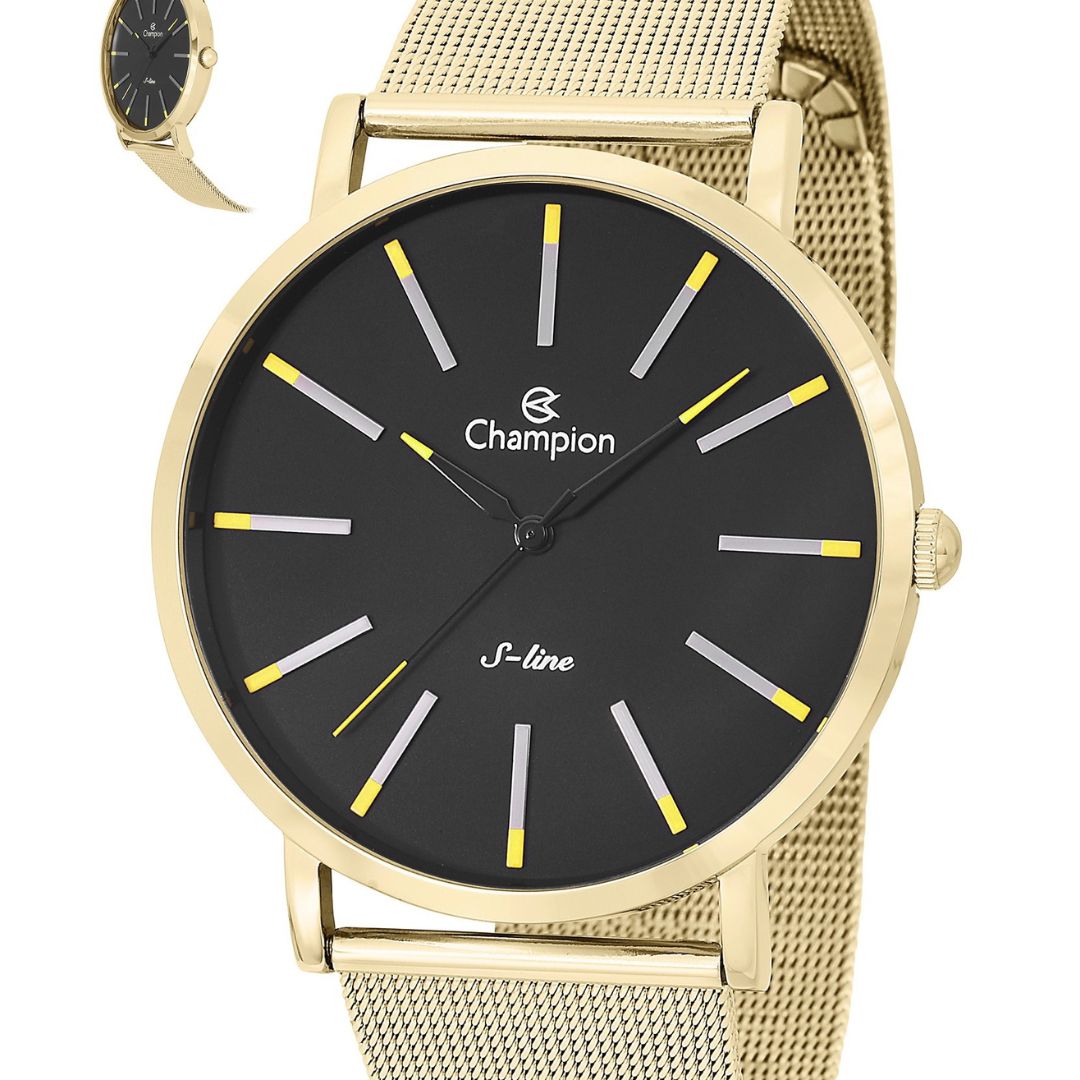 Relógios Masculino Dourado Fundo Preto S-Line Champion Qtz