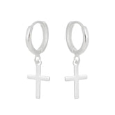 Brinco argola pendurada crucifixo liso 12.8mm x 8mm em prata de lei 925