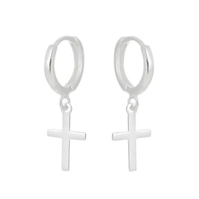 Brinco argola pendurada crucifixo liso 12.8mm x 8mm em prata de lei 925