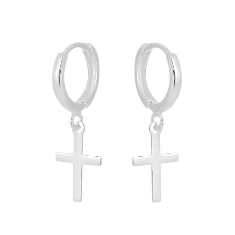 Brinco argola pendurada crucifixo liso 12.8mm x 8mm em prata de lei 925