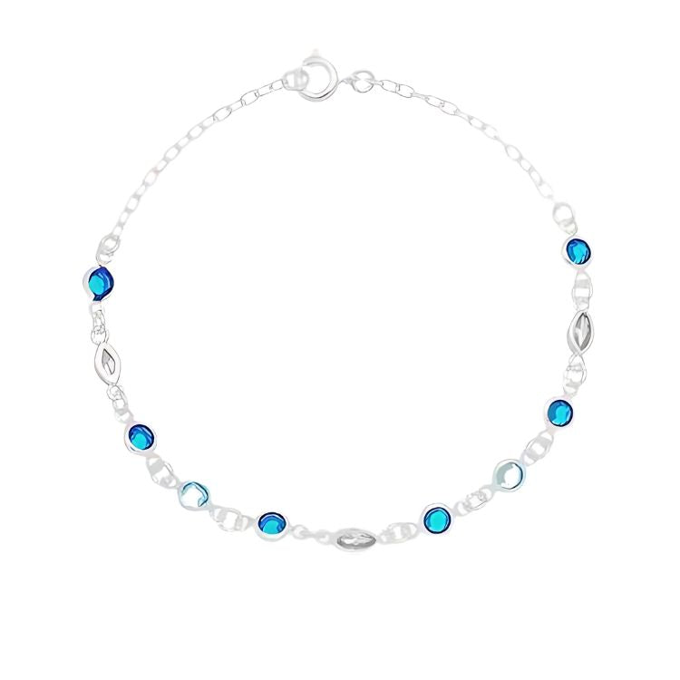 Pulseira Navette cristal e zircônias redondas azuis 19cm em prata 925.