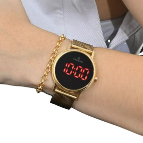Relógio Digital LED Champion  A Prova D'água  Dourado Preto Redondo