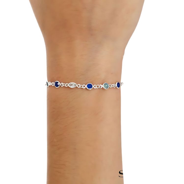 Pulseira Navette cristal e zircônias redondas azuis 19cm em prata 925.