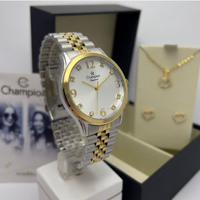 Relógio Champion Feminino Elegance Misto Kit Colar e Brincos CN24093D
