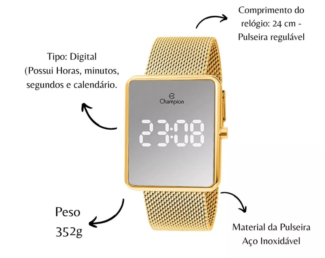 Relógio Digital LED Espelhado Feminino  Dourado Champion