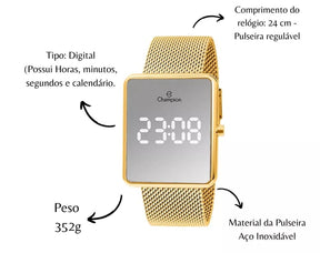 Relógio Digital LED Espelhado Feminino  Dourado Champion