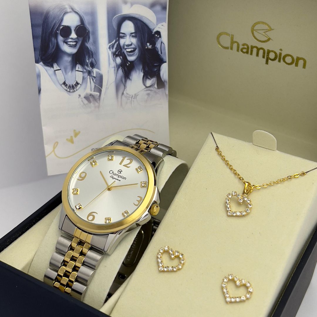 Relógio Champion Feminino Elegance Misto Kit Colar e Brincos CN24093D