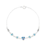 Pulseira feminina coração olho grego, zircônias azul claro e cristal 19cm Prata 925