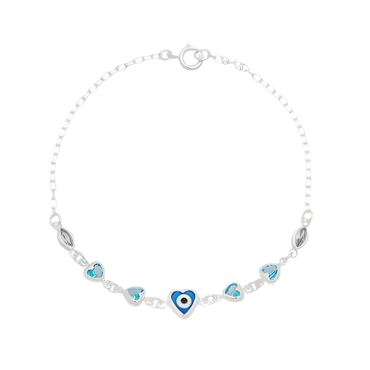 Pulseira feminina coração olho grego, zircônias azul claro e cristal 19cm Prata 925