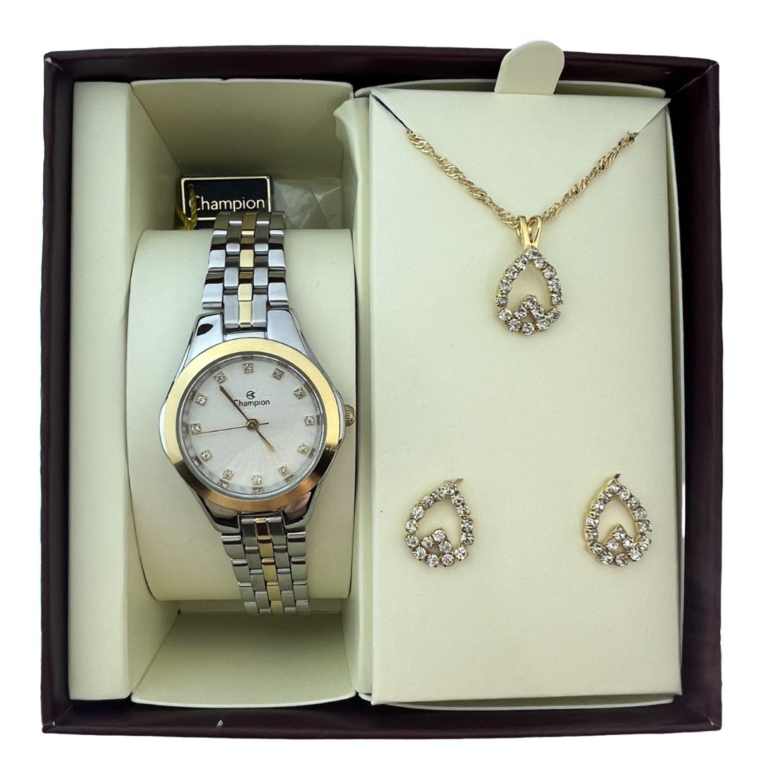 Relógio Champion Feminino Misto Fundo Branco  + Semi Joia QTZ