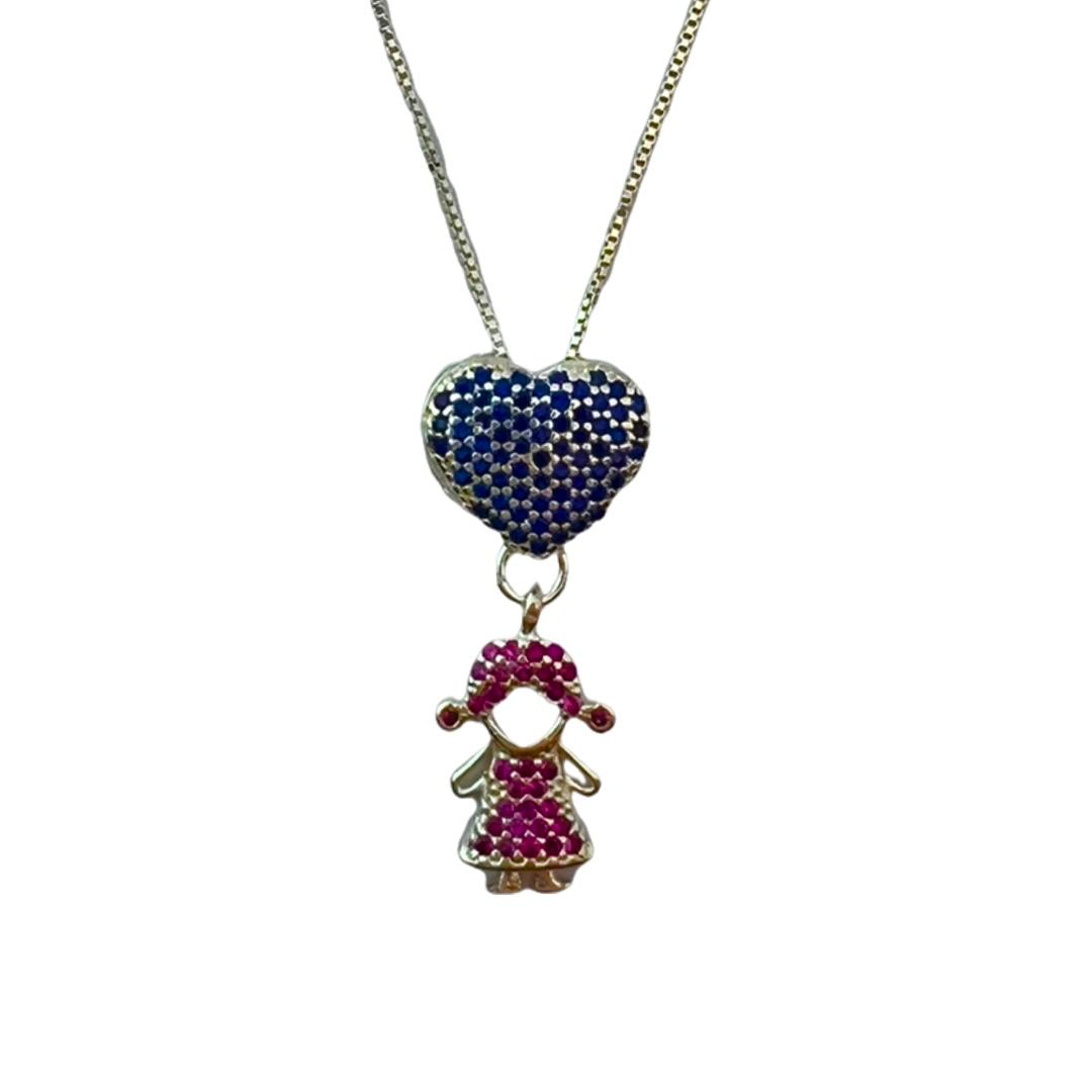 Gargantilha canga zircônia coração azul meninas Pink prata 925