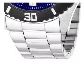 Relógio masculino analógico com calendário em aço inox caixa 44mm  aro preto fundo azul