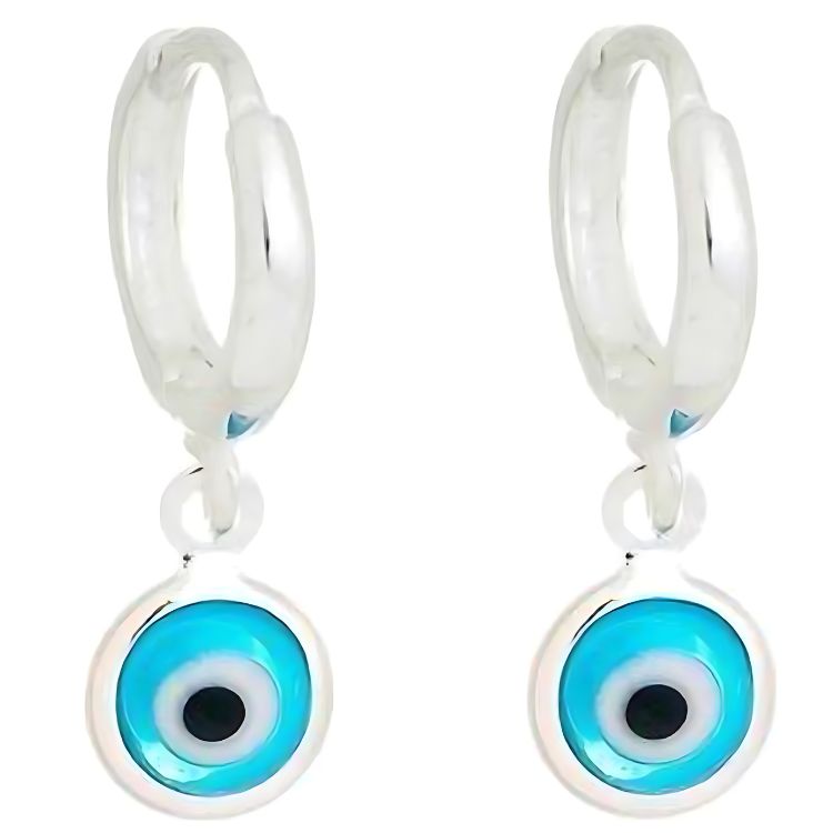 Brinco argola pendurada olho grego chapado 6mm prata