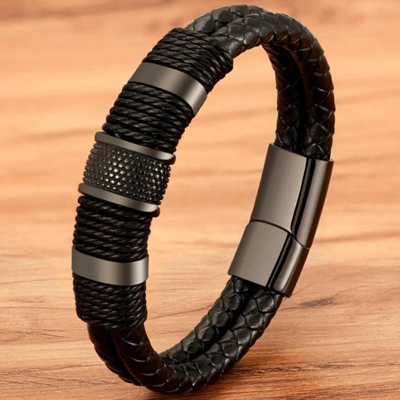 PULSEIRA EM COURO LEGÍTIMO DUPLA DETALHE CENTRAL TIRAS COURO E PLACA PRETA