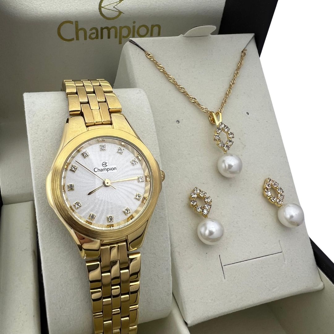 Relogio Champion Pequeno dourado CN25458W + kit semi joia