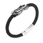 PULSEIRA EM COURO LEGÍTIMO PRETO DETALHE CENTRAL DRAGÃO FECHO AÇO