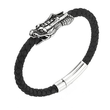 PULSEIRA EM COURO LEGÍTIMO PRETO DETALHE CENTRAL DRAGÃO FECHO AÇO