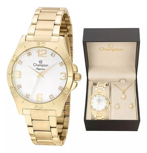 Relógio Champion Feminino Douradofundo branco + Semi Joias Qtz